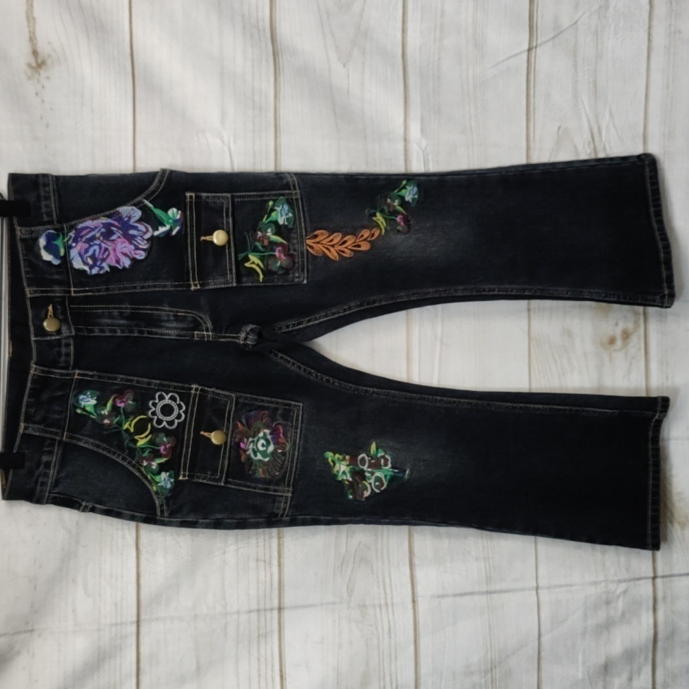 CYNTHIA Rowley Embellished Kick Flare Dark Wash Cargo Jeans, Size 0
